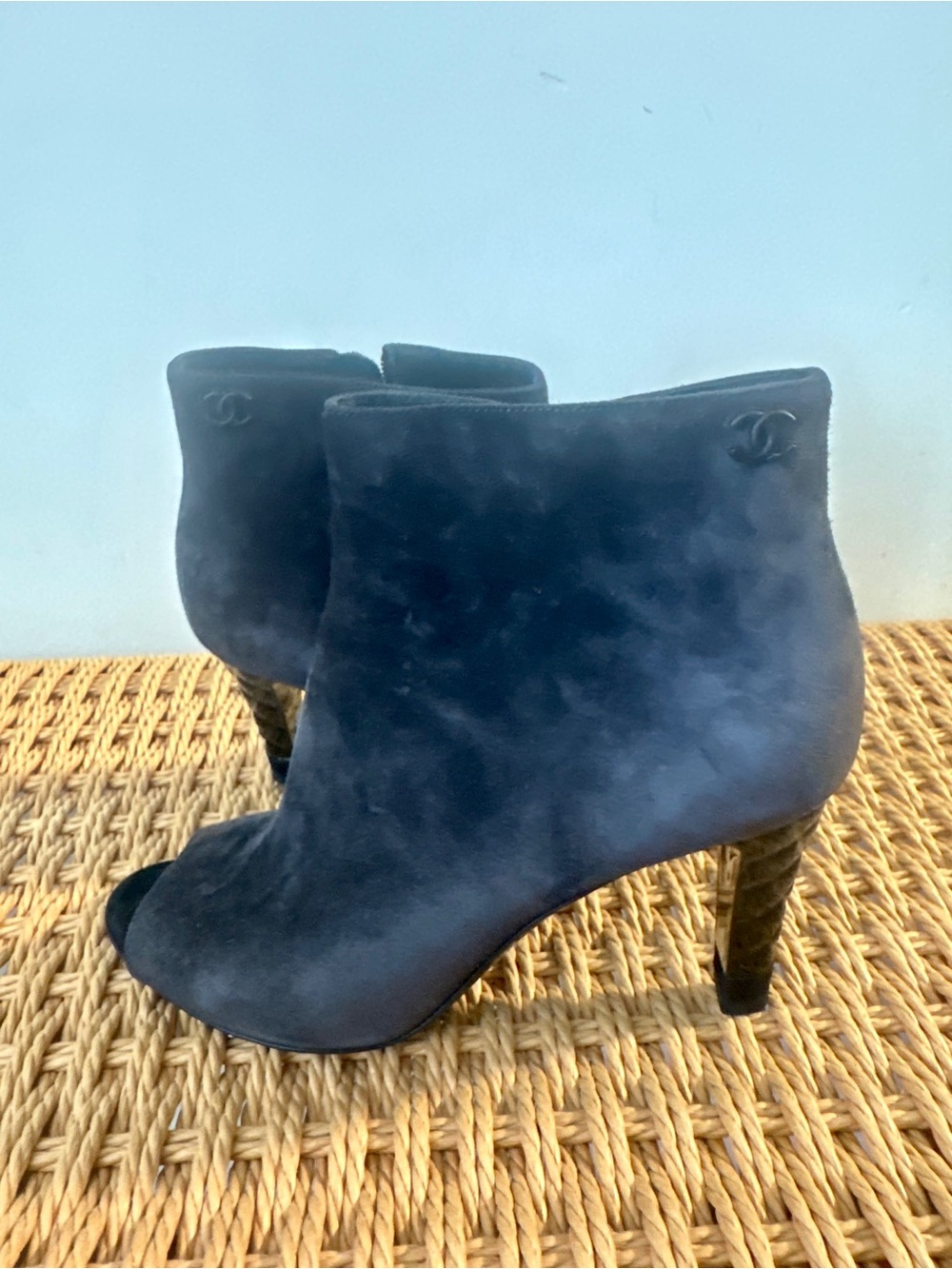 CHANEL Navy Suede Peep-Toe Ankle Booties